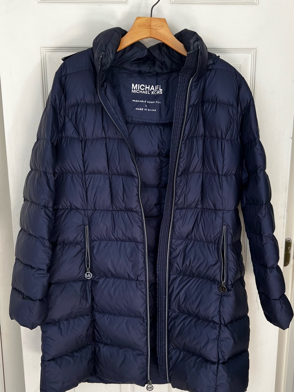 Michael Kors Navy Blue Long Down Puffer Hooded Coat Jacket Parka Size L